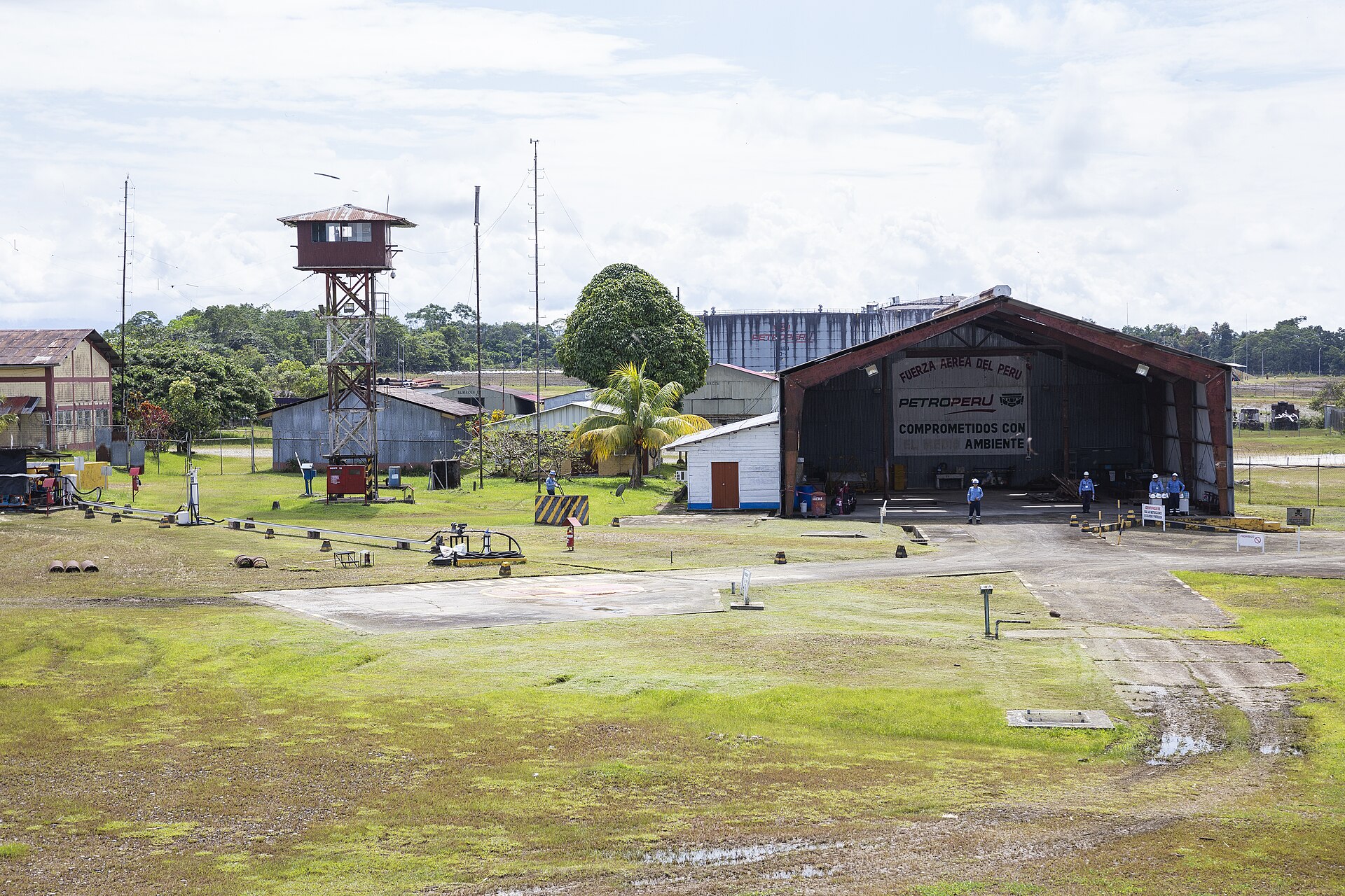 Petroperú facility in Loreto, Peru, with a watchtower, a helipad and a hangar bearing the Petroperú logo, a file photo from July 2024