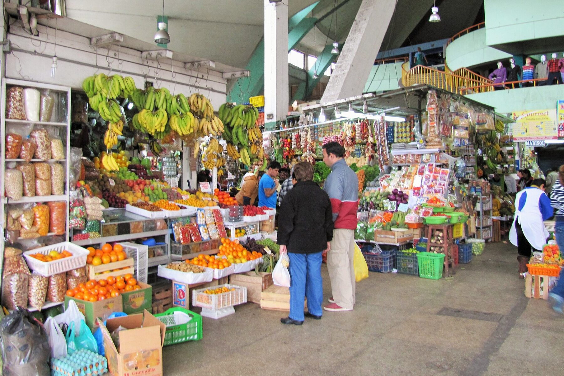 Fruit and vegetable stalls at the entrance of Market No. 1 in Surquillo, Lima