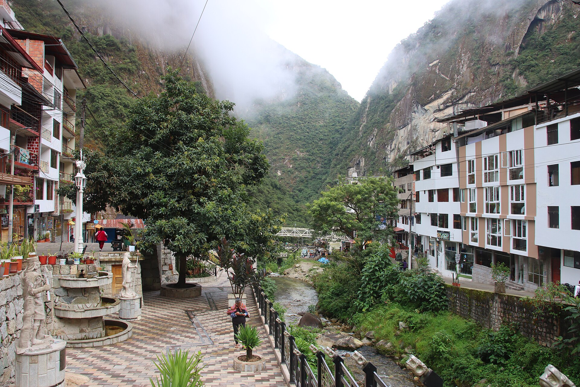 Riverside promenade and hotels in Machupicchu Pueblo, the town below Machu Picchu
