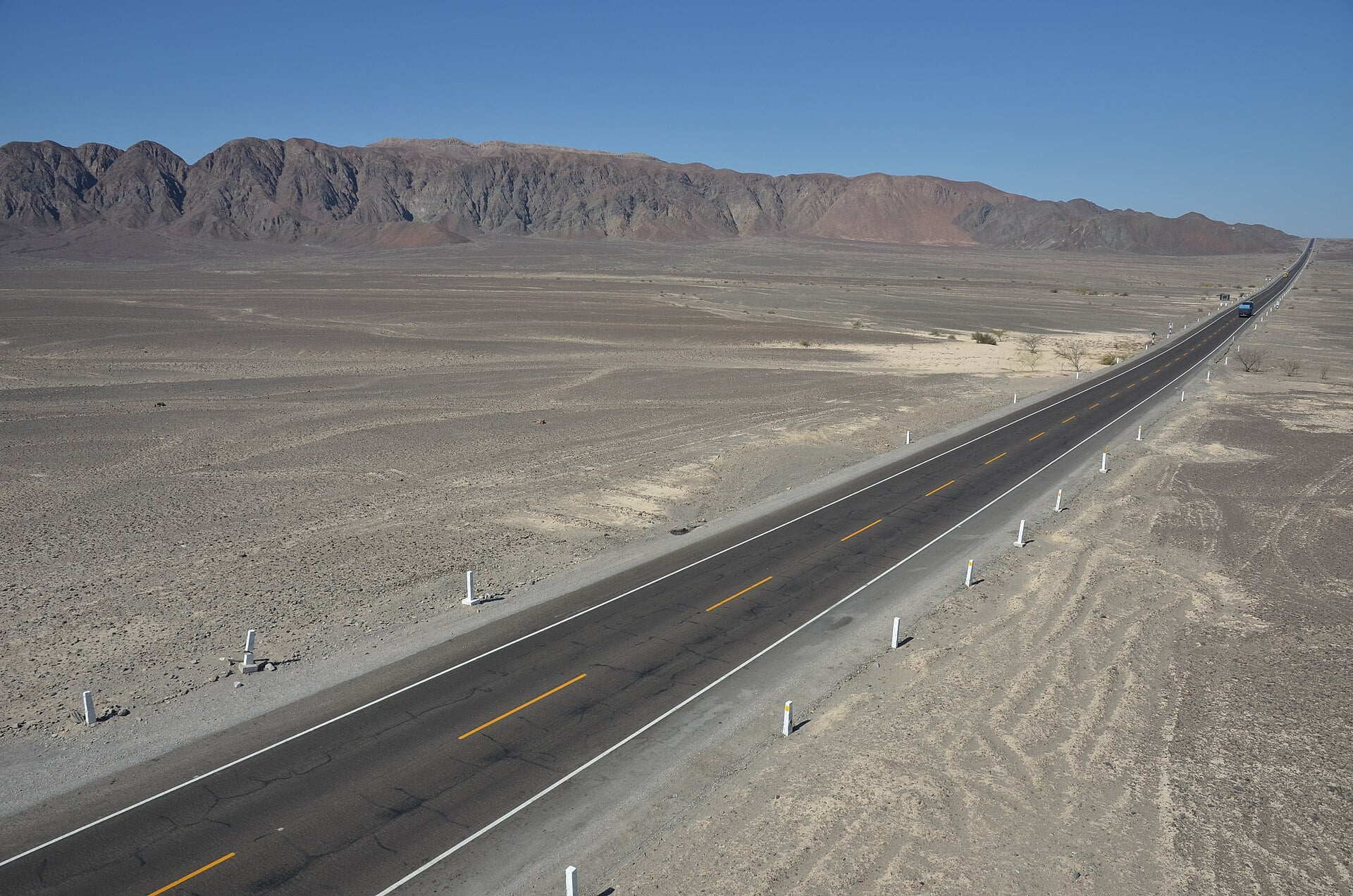 Panamericana Sur running straight across the Nazca plateau desert in Peru