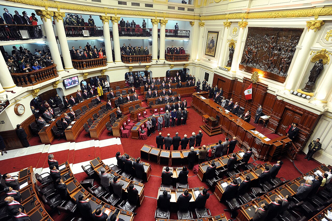 Wide view of the debating chamber of Peru's Congress in Lima during a formal session