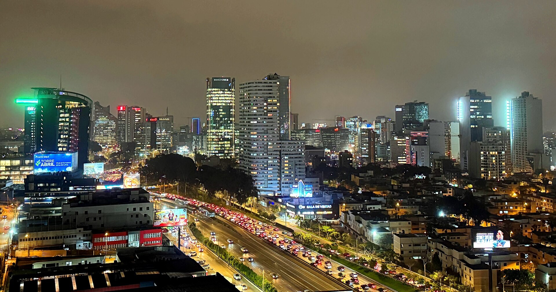 San Isidro financial district in Lima, Peru, seen at night from La Victoria