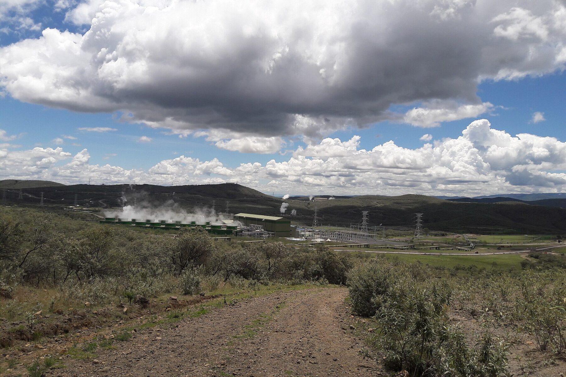 A dirt track through green scrub leads towards a geothermal power plant with white steam rising, pylons and low hills under a cloudy sky