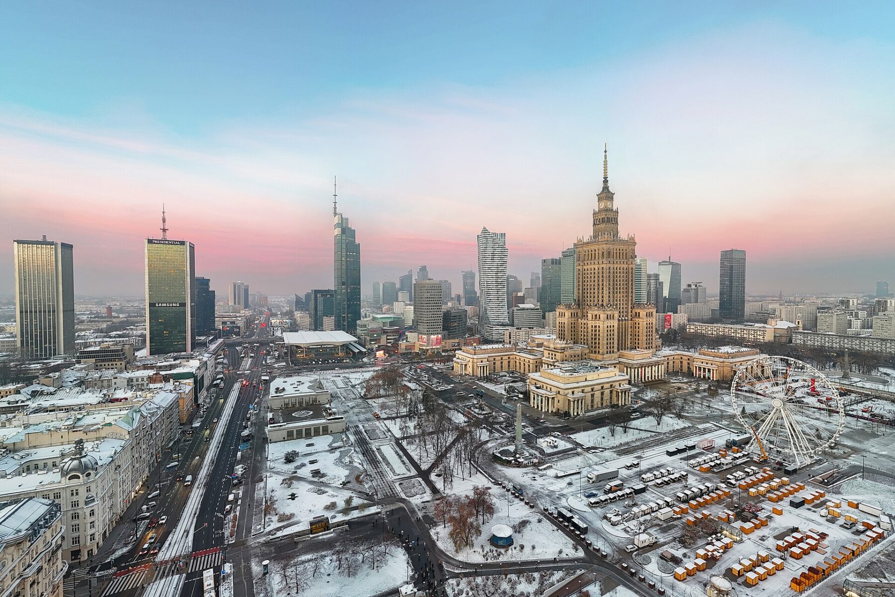 The Warsaw skyline with the Palace of Culture and Science on a snowy winter day
