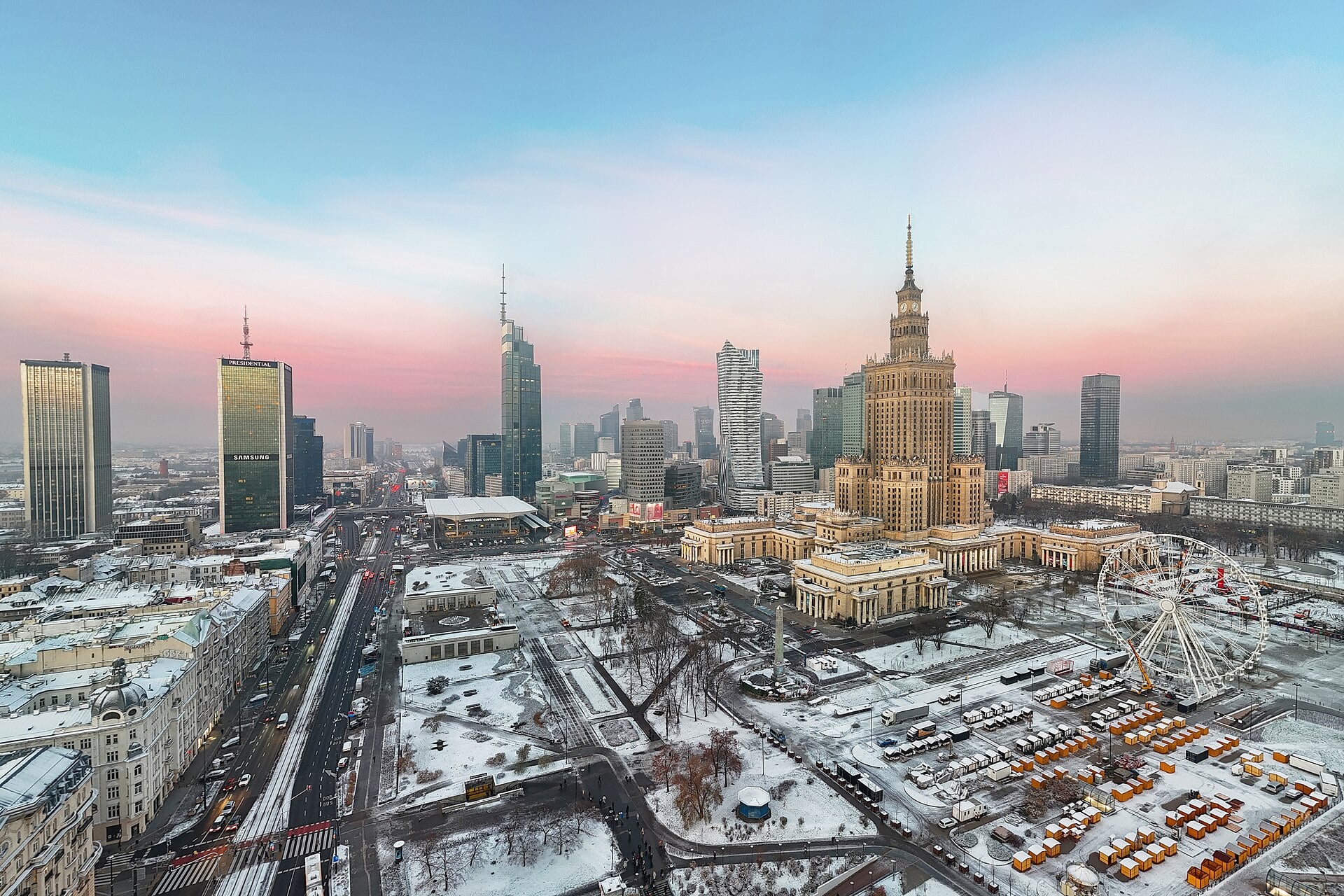 The Warsaw skyline with the Palace of Culture and Science on a snowy winter day