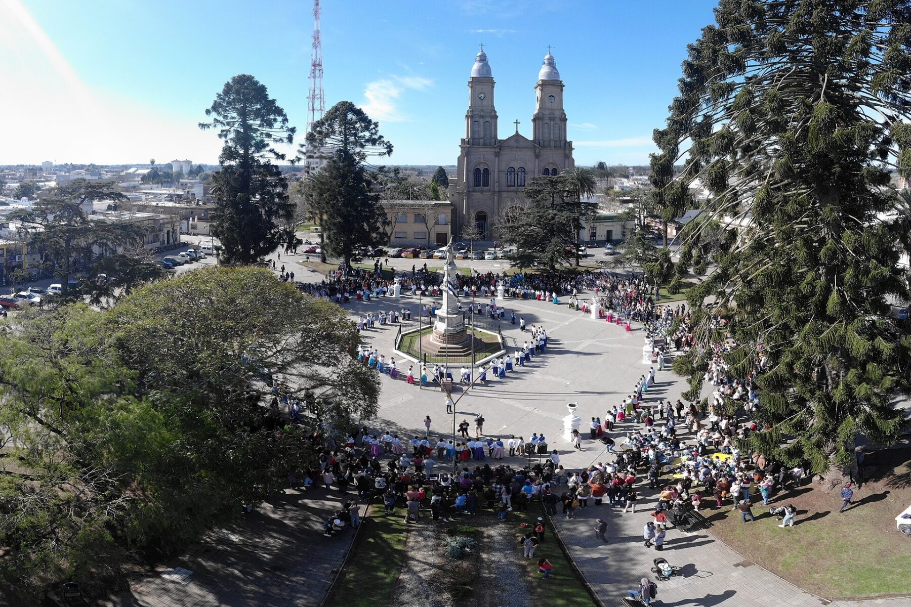 Aerial view of Plaza Asamblea and the twin-towered cathedral basilica in Florida, Uruguay