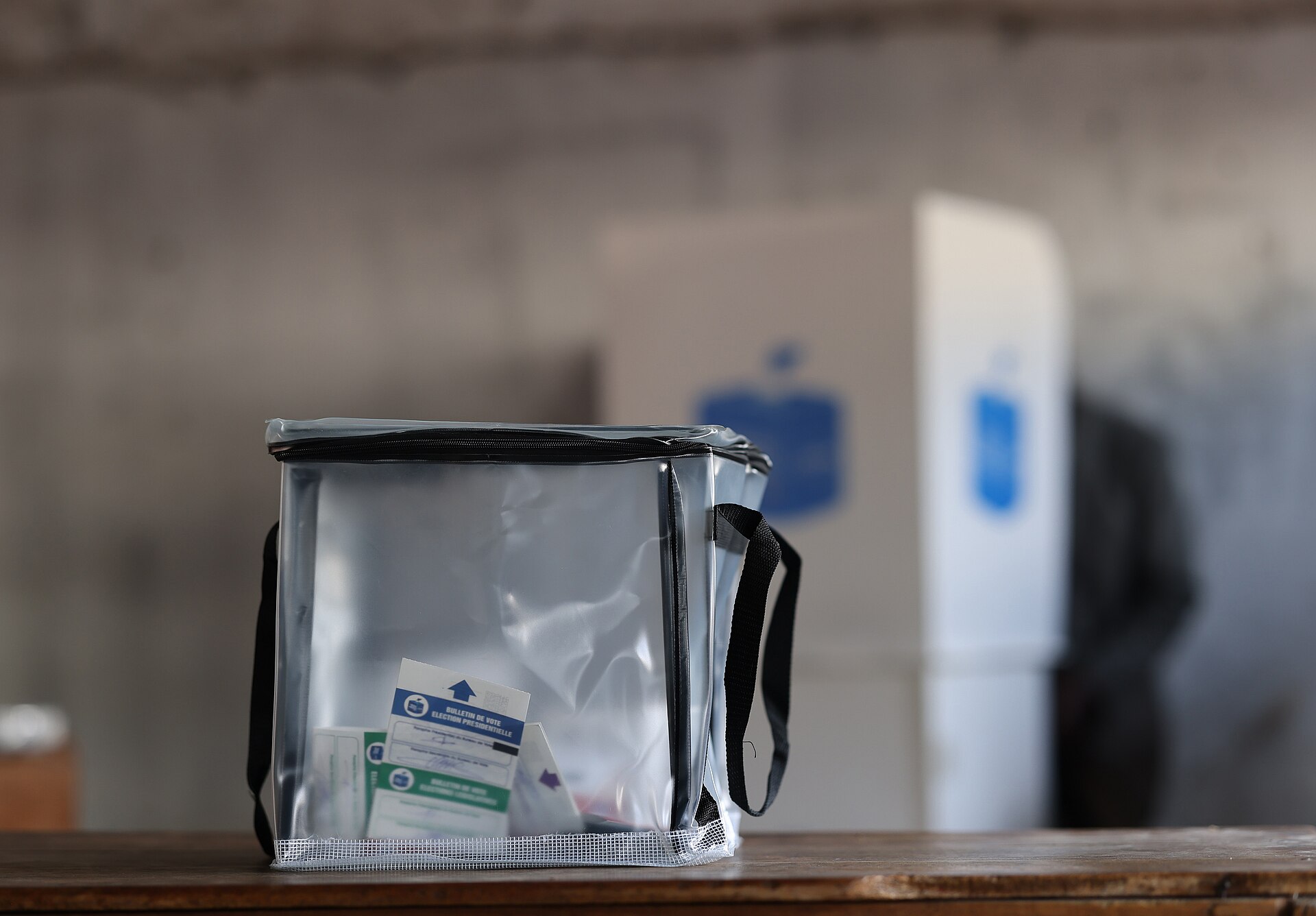 A transparent ballot box holding presidential and legislative ballot papers at a vote centre in Goma, North Kivu