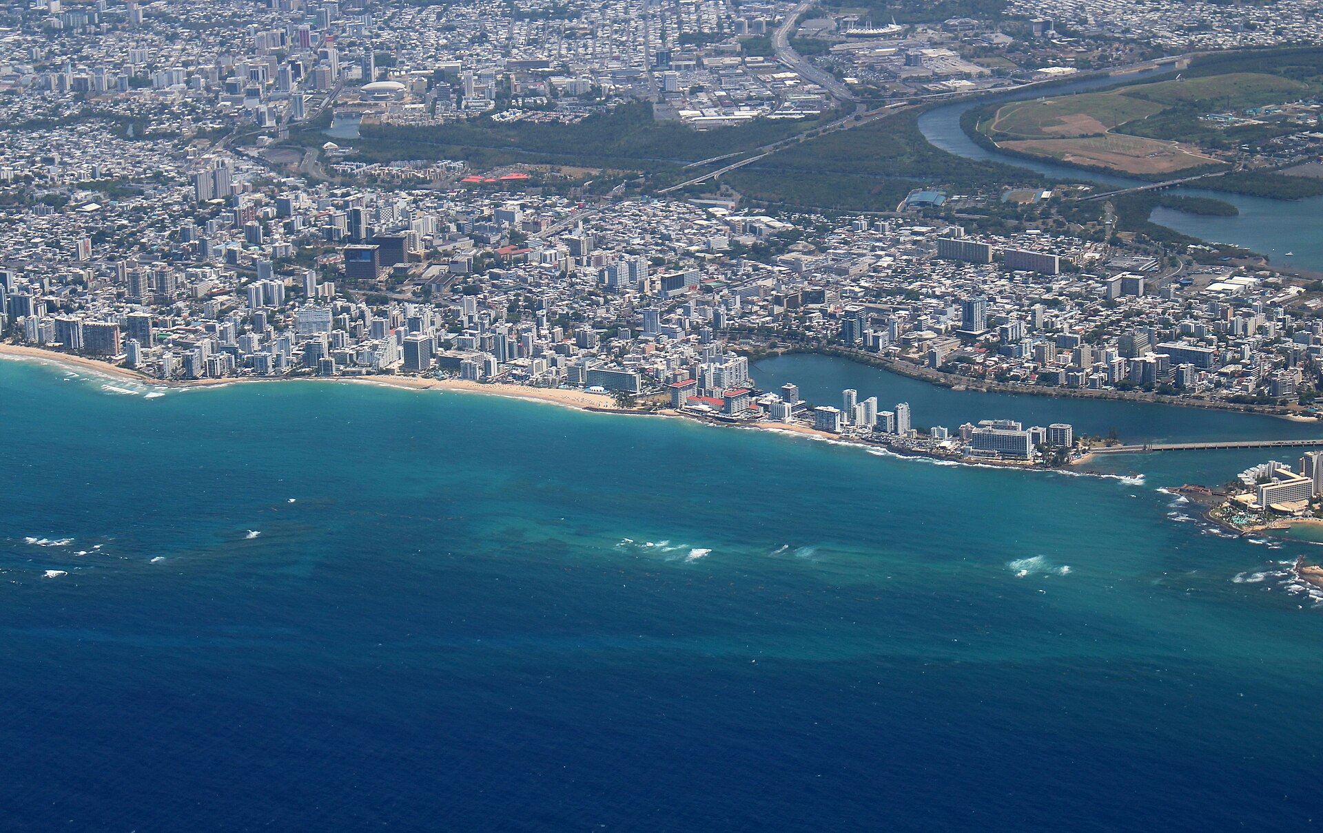 Aerial view of the Condado district and coast of San Juan, Puerto Rico