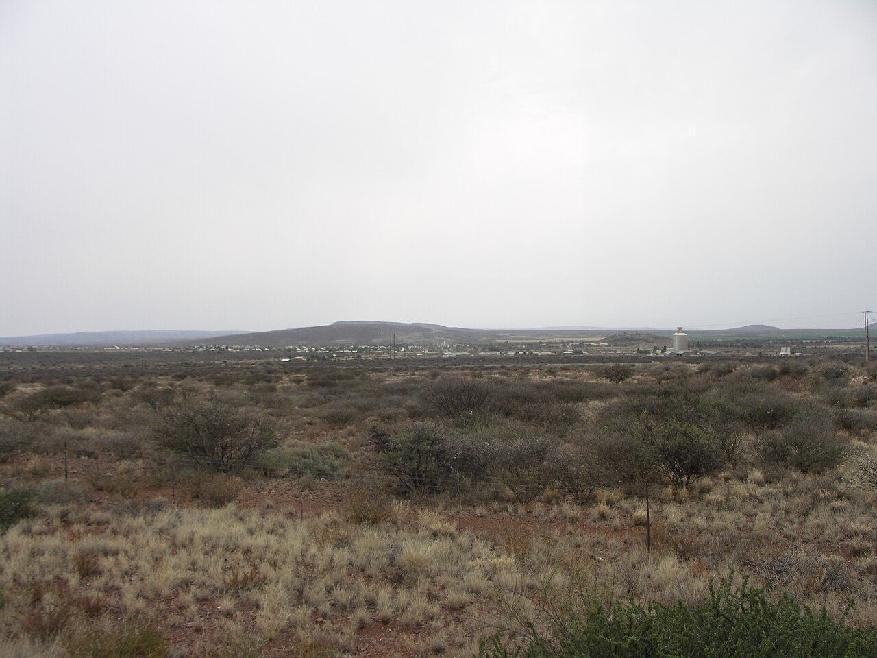 Low hills, Karoo scrub and the grain silo of the town of Prieska in the Northern Cape under an overcast sky