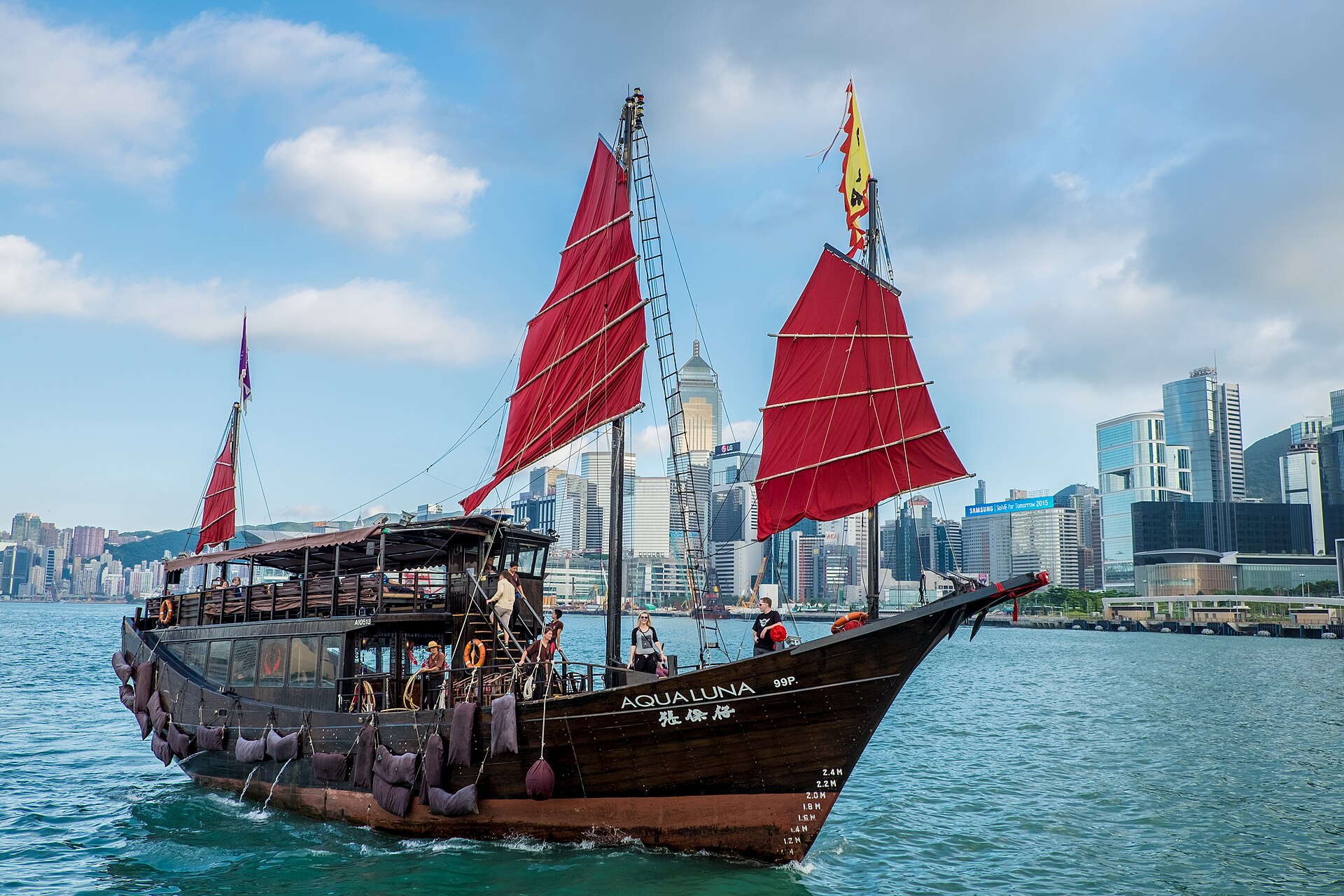 The red-sailed wooden junk Aqua Luna crosses Victoria Harbour with passengers on deck and Hong Kong's high-rise skyline behind under a blue sky