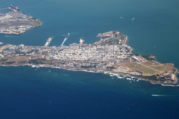 Aerial view of Old San Juan, the walled historic district at the island's northern tip, with the harbour piers beside it
