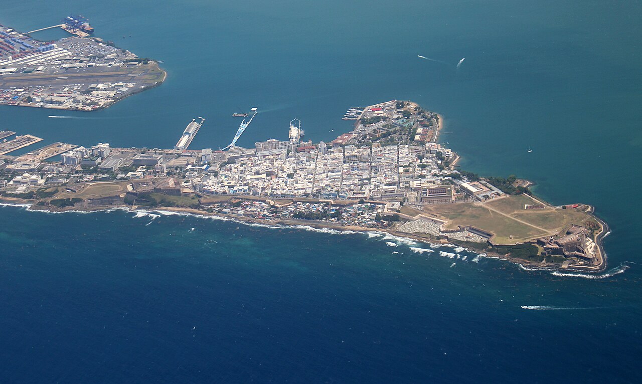Aerial view of Old San Juan, the walled historic district at the island's northern tip, with the harbour piers beside it