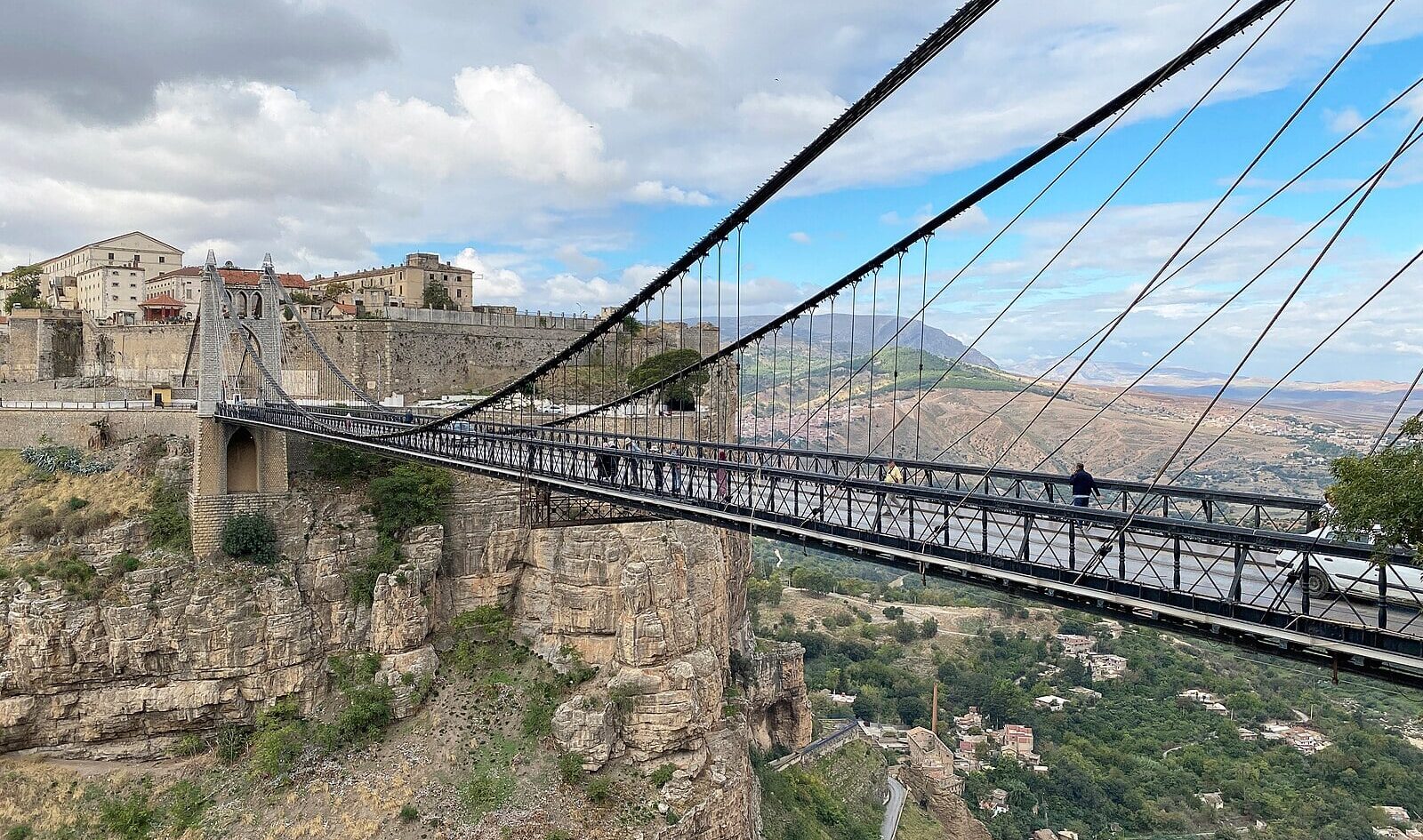 The Sidi M'Cid suspension bridge crossing a rocky gorge in Constantine, Algeria