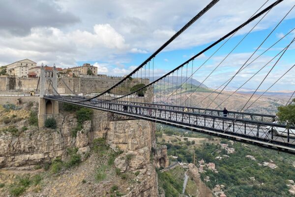 The Sidi M'Cid suspension bridge crossing a rocky gorge in Constantine, Algeria