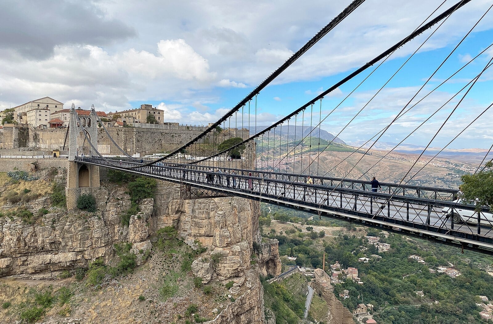 The Sidi M'Cid suspension bridge crossing a rocky gorge in Constantine, Algeria