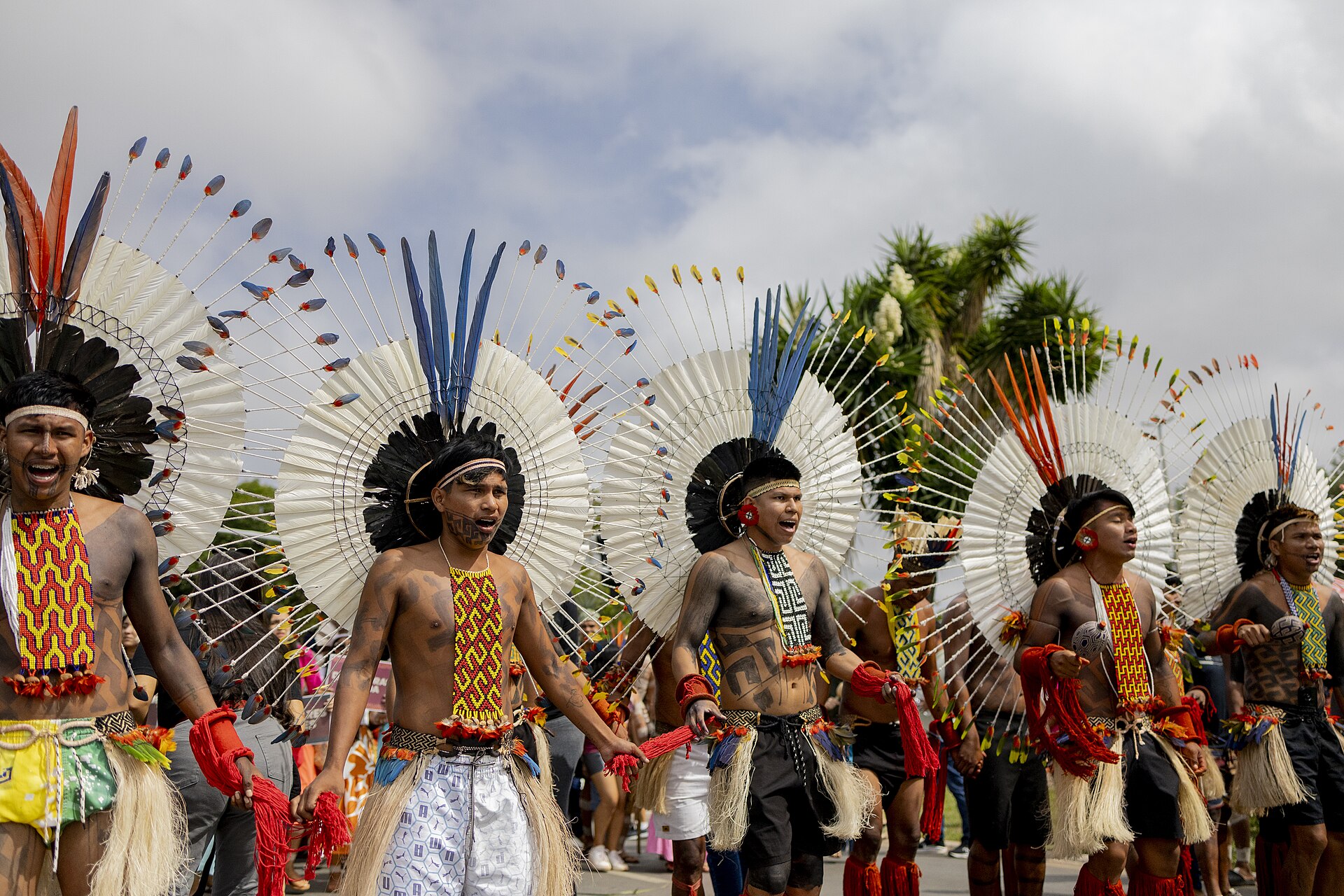 Young indigenous men wearing large white feather headdresses, beaded sashes and straw skirts march and chant in a street