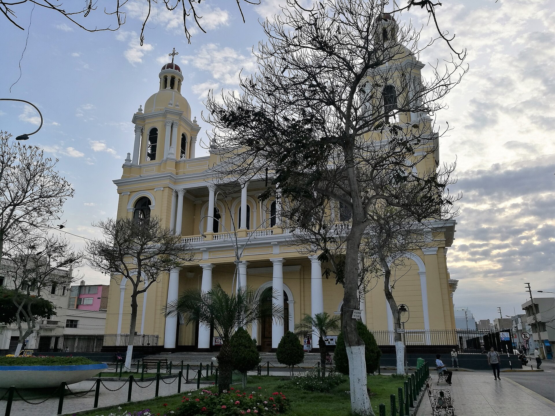 The yellow neoclassical cathedral of Chiclayo with white columns and two bell towers, seen through bare trees from the Plaza de Armas