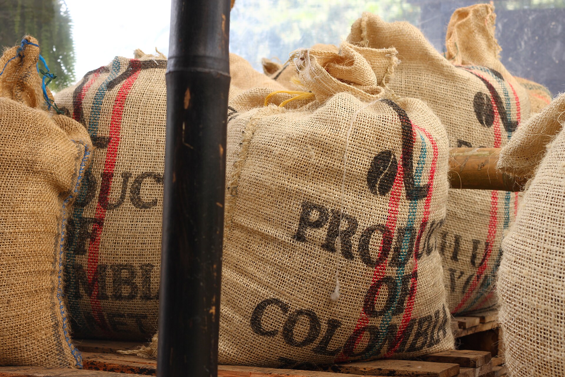Jute coffee sacks with red and green stripes and the words Product of Colombia stacked on wooden pallets