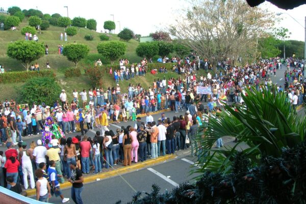 Large crowds of spectators line both sides of a wide avenue to watch a carnival procession, with a grassy embankment, trees and palm fronds around them