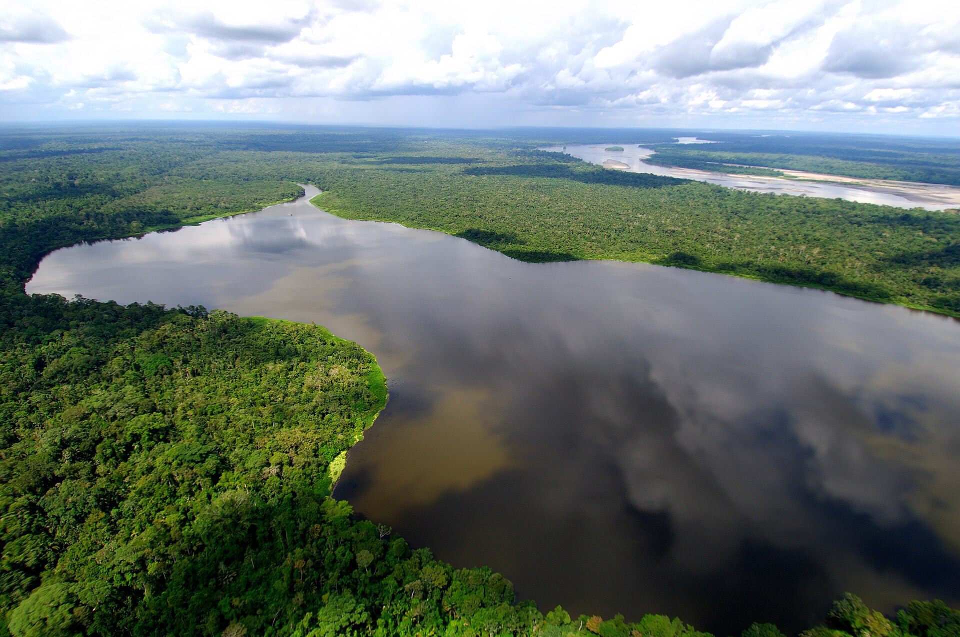 Aerial view of dense green rainforest around a large dark lake, with a sandy river bend at the top right, under a cloudy sky