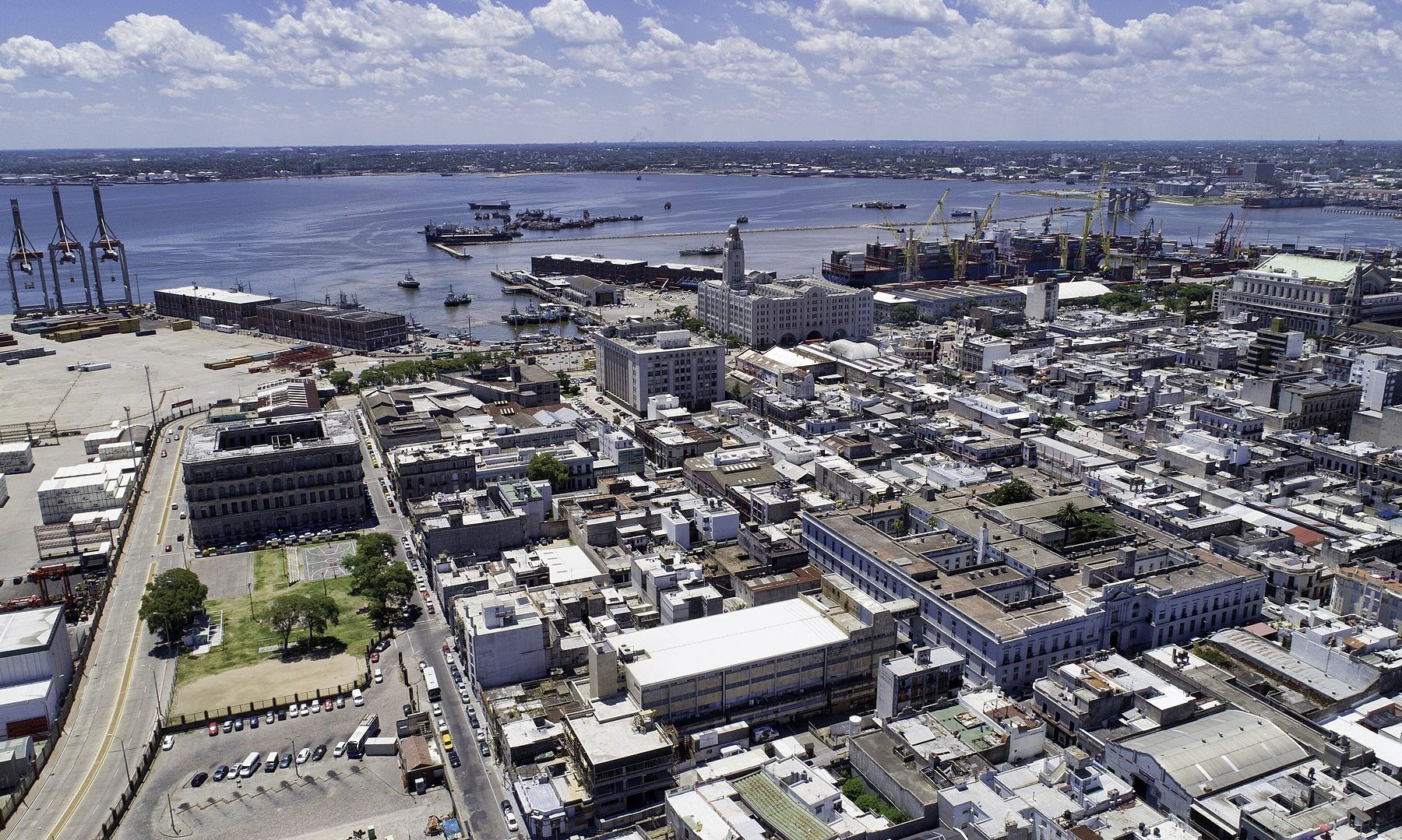 Aerial view of the old city and port of Montevideo on the River Plate