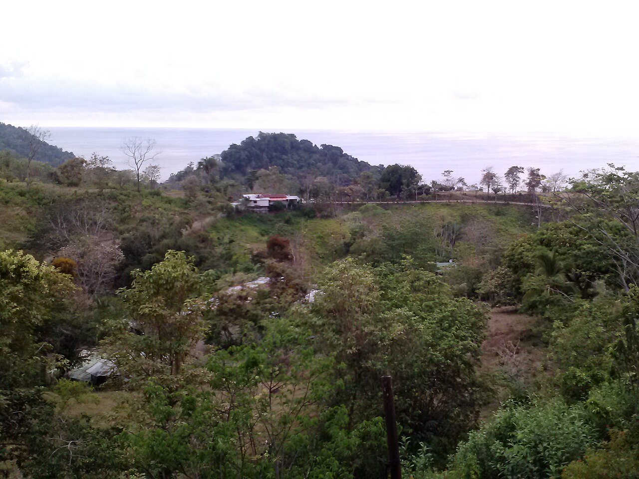 Green forested hills running down to the Pacific Ocean near Quepos, Costa Rica.
