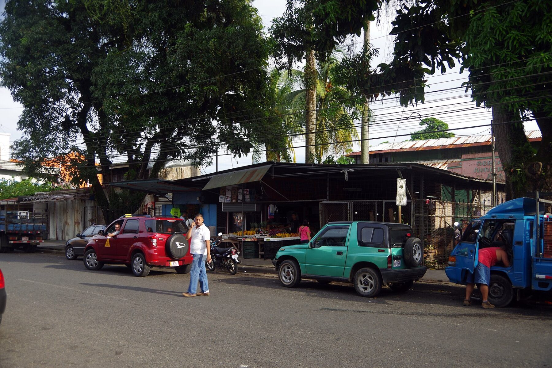 A street in Puerto Limón with parked cars, a man walking, and market stalls with fruit under a long roof, shaded by large trees and palms