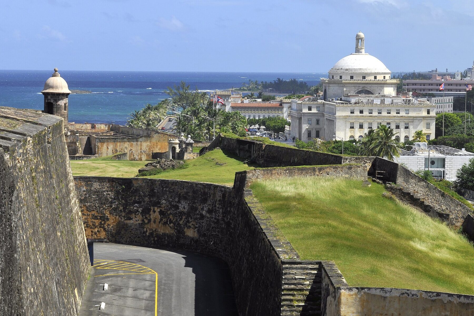 View of Castillo de San Cristóbal fortress and the Capitol in San Juan, Puerto Rico