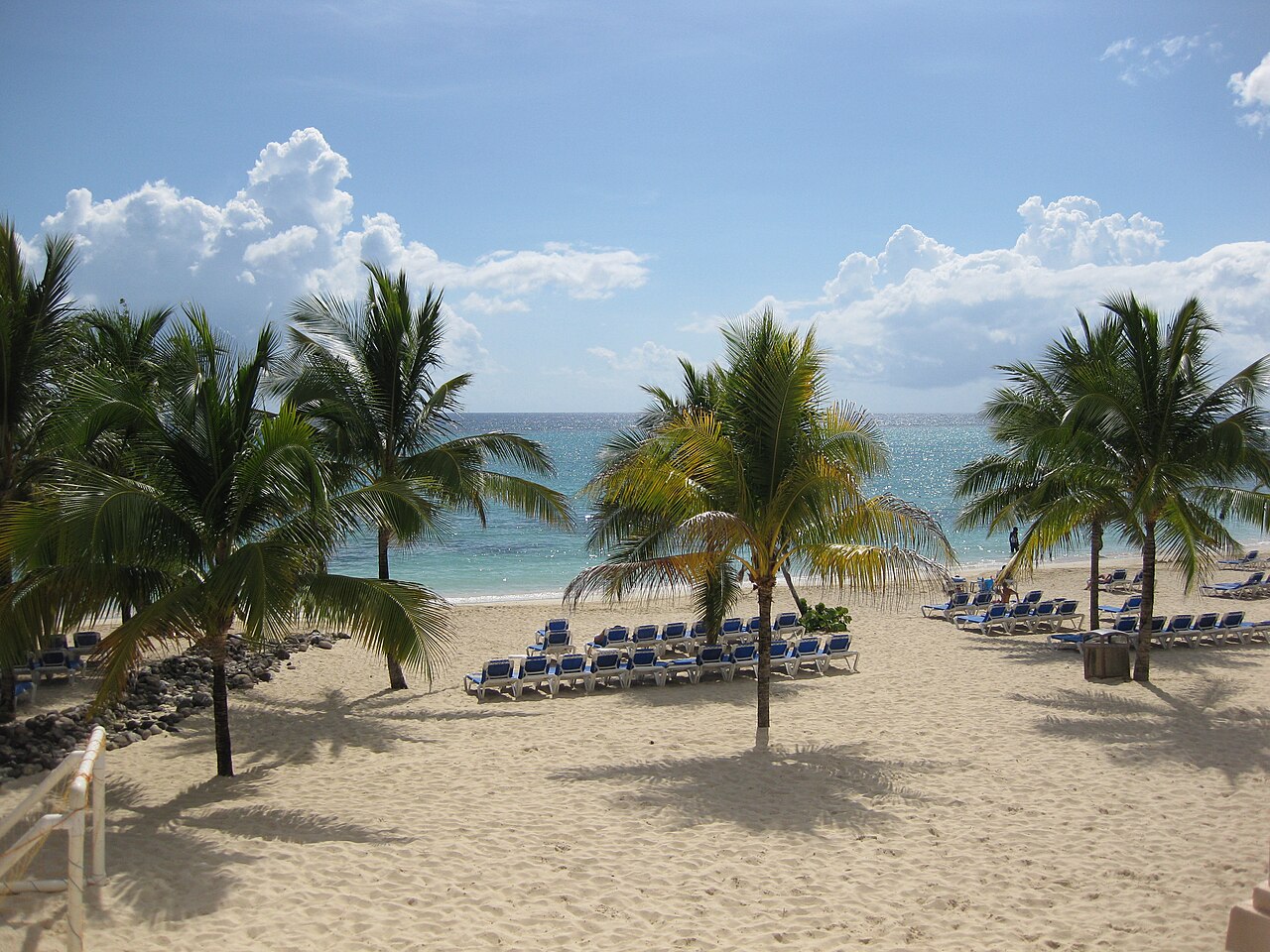 Palm trees and rows of blue sun loungers on the beach at the Riu hotel in Ocho Rios, Jamaica