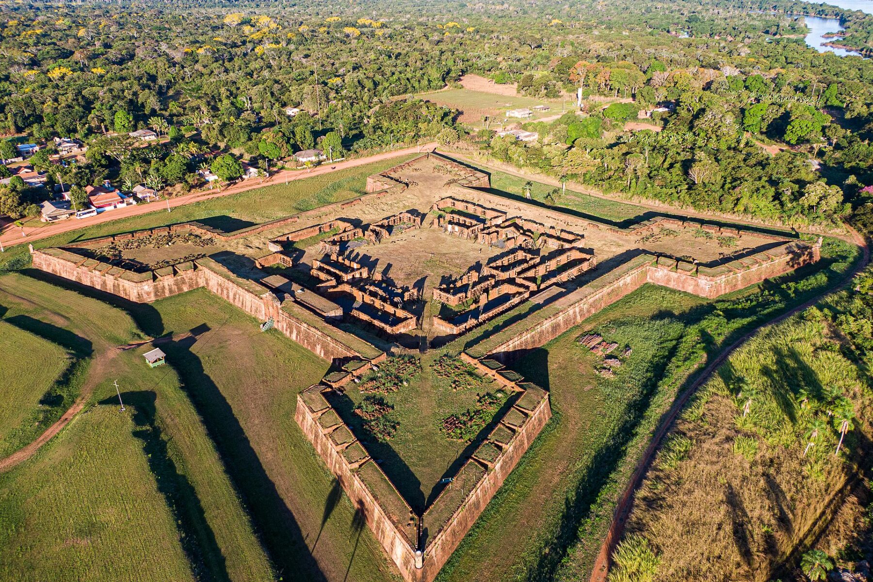 Aerial view of the Real Forte Príncipe da Beira, an 18th-century star-shaped fortress at Costa Marques, Rondônia, Brazil, near the Bolivian border