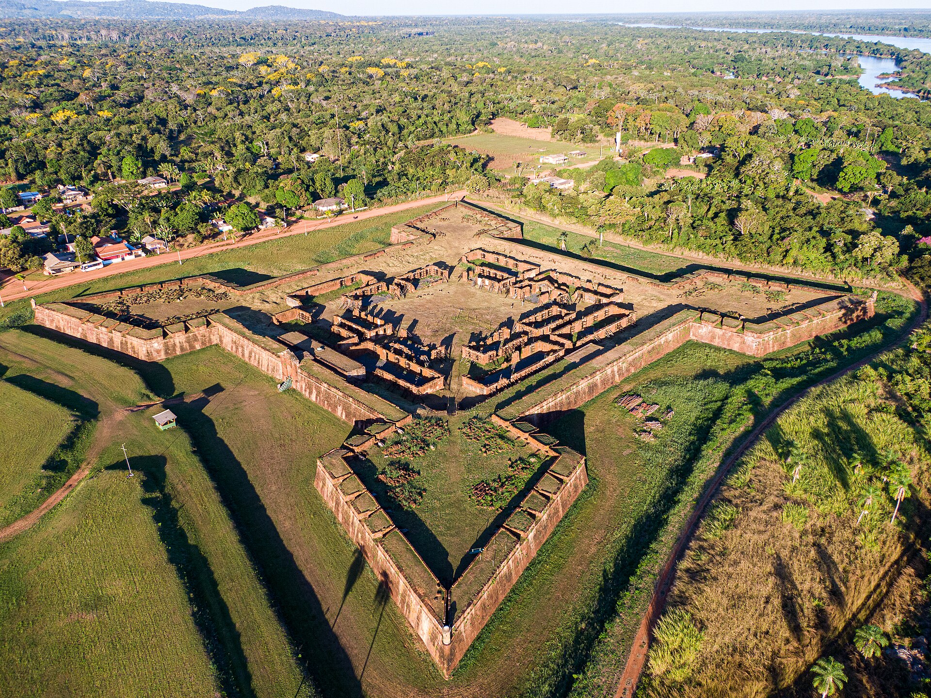 Aerial view of the Real Forte Príncipe da Beira, an 18th-century star-shaped fortress at Costa Marques, Rondônia, Brazil, near the Bolivian border