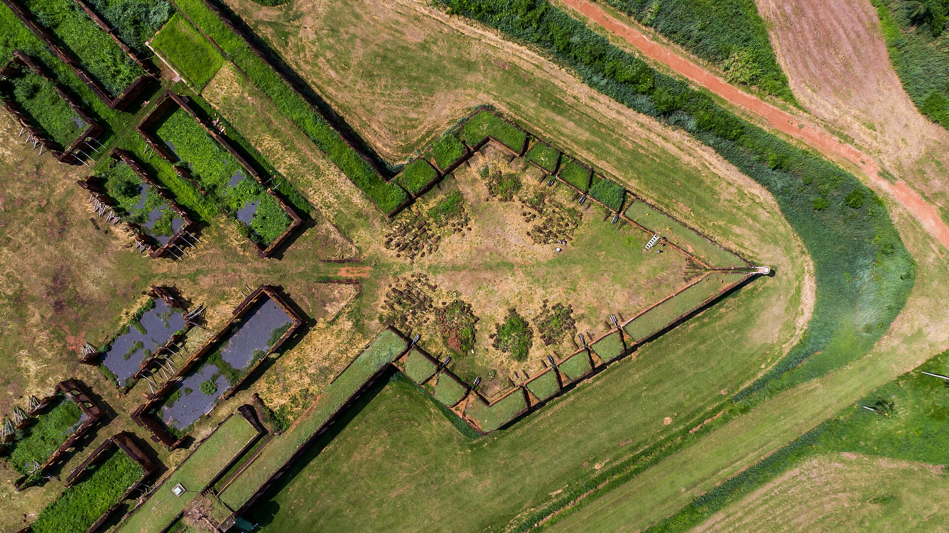 Overhead view of a bastion and walls of Forte Príncipe da Beira at Costa Marques, Rondônia, Brazil