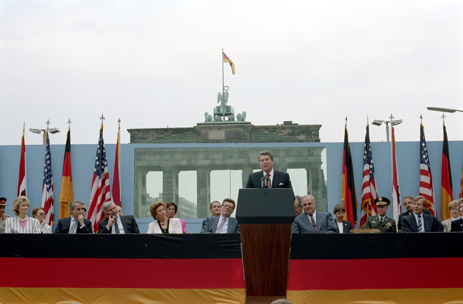 Ronald Reagan speaking at the Brandenburg Gate in West Berlin in 1987