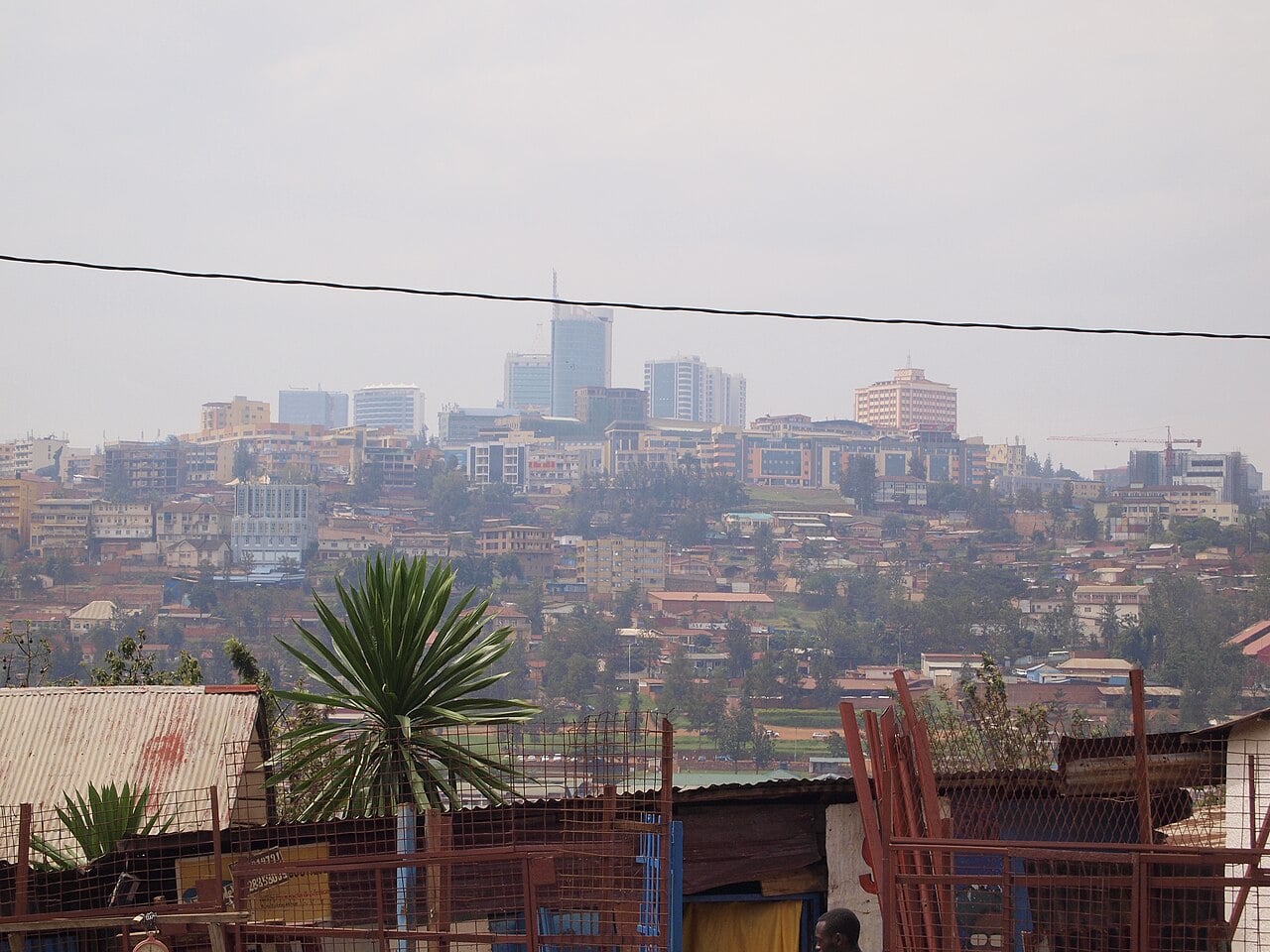 Hillside view of central Kigali, with the glass towers of the downtown business district rising above houses and rooftops.