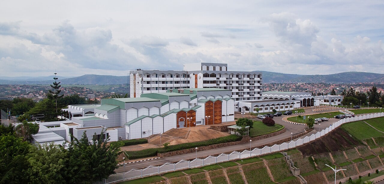 Rwanda's Parliament building in Kimihurura, Kigali, seen from above with green hills behind