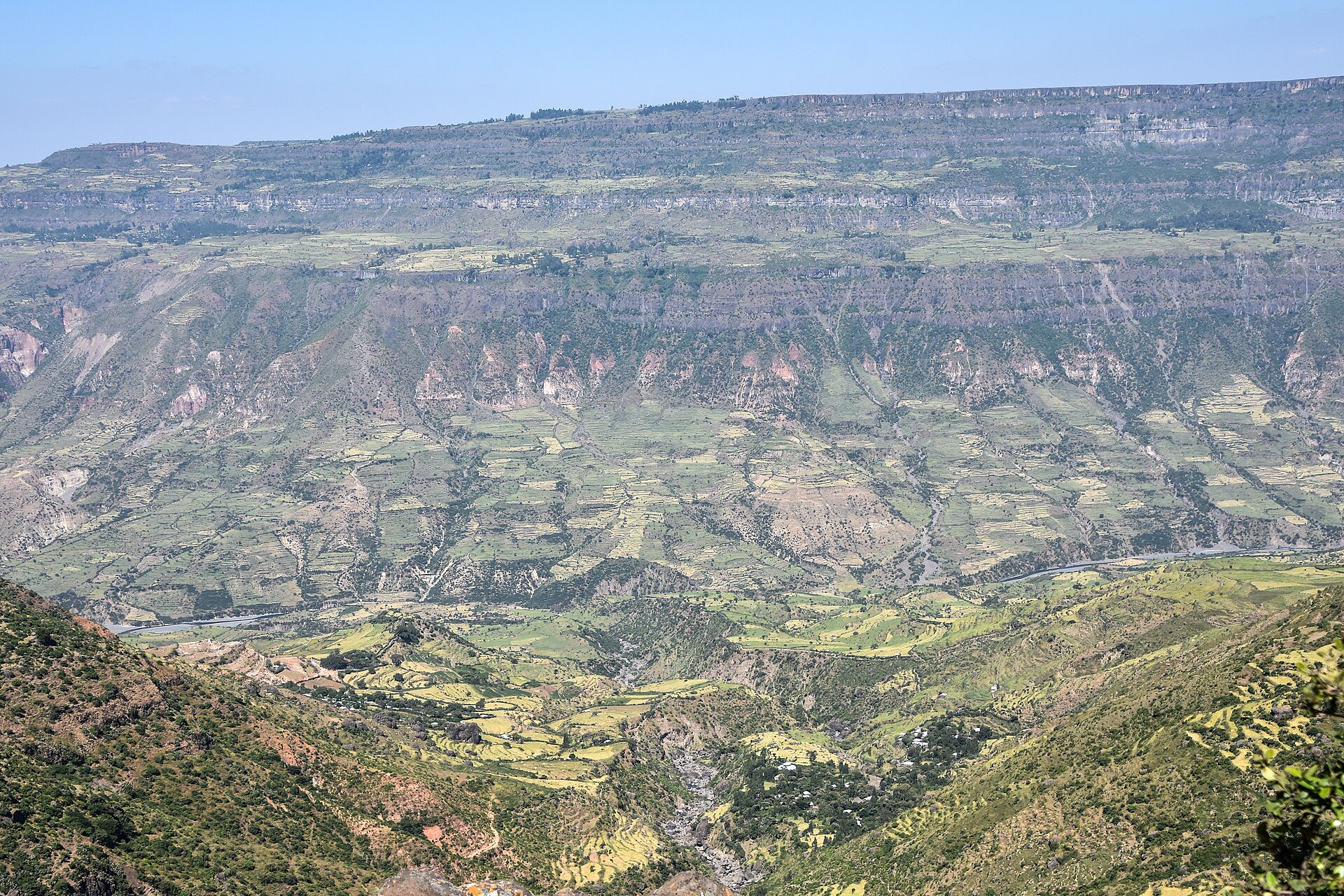 Wide view of the terraced slopes and cliffs of the Blue Nile Gorge in Ethiopia under a clear sky