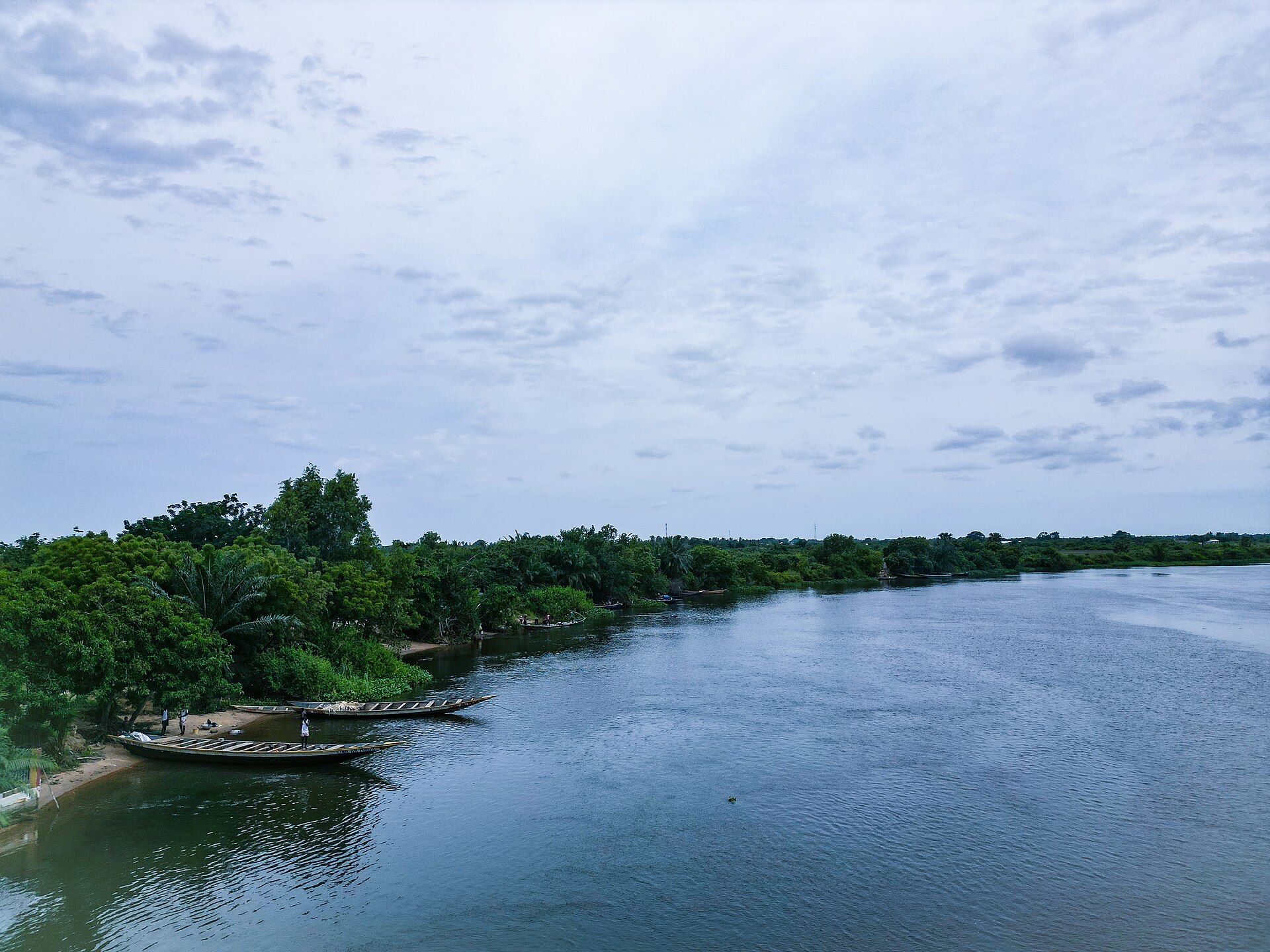 Aerial view of wooden fishing boats moored on a tree-lined shore of the Volta Lake under a cloudy sky