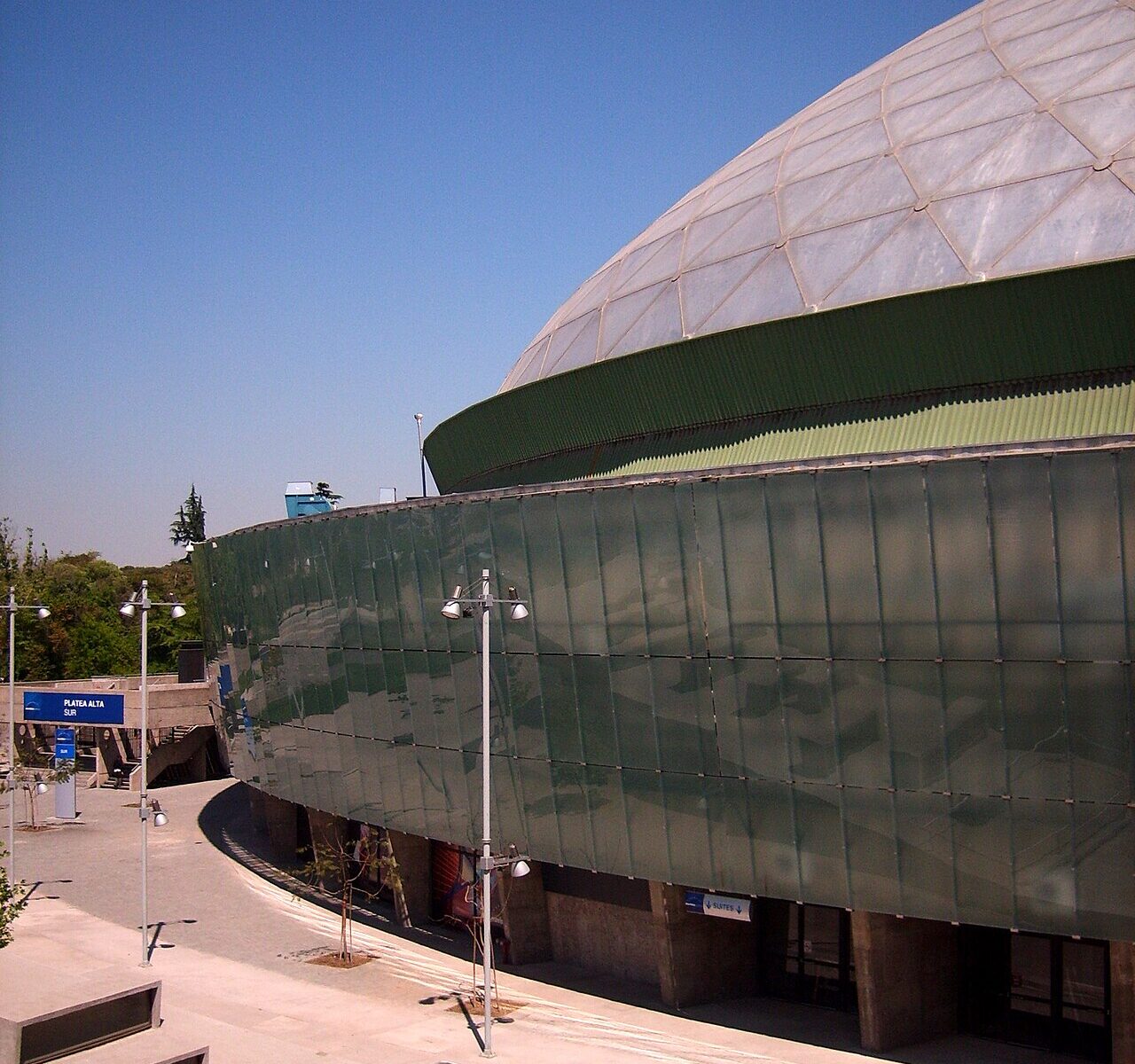The green-walled, white-domed Santander Arena, formerly Movistar Arena, in Parque O'Higgins, Santiago.