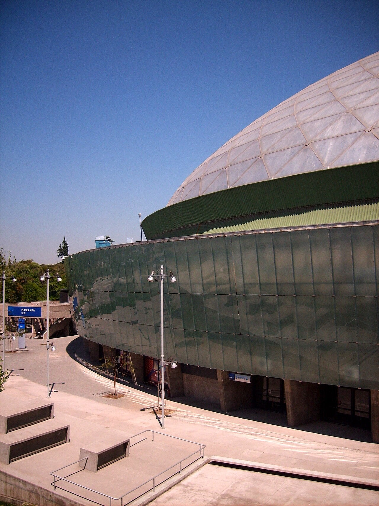 The green-walled, white-domed Santander Arena, formerly Movistar Arena, in Parque O'Higgins, Santiago.