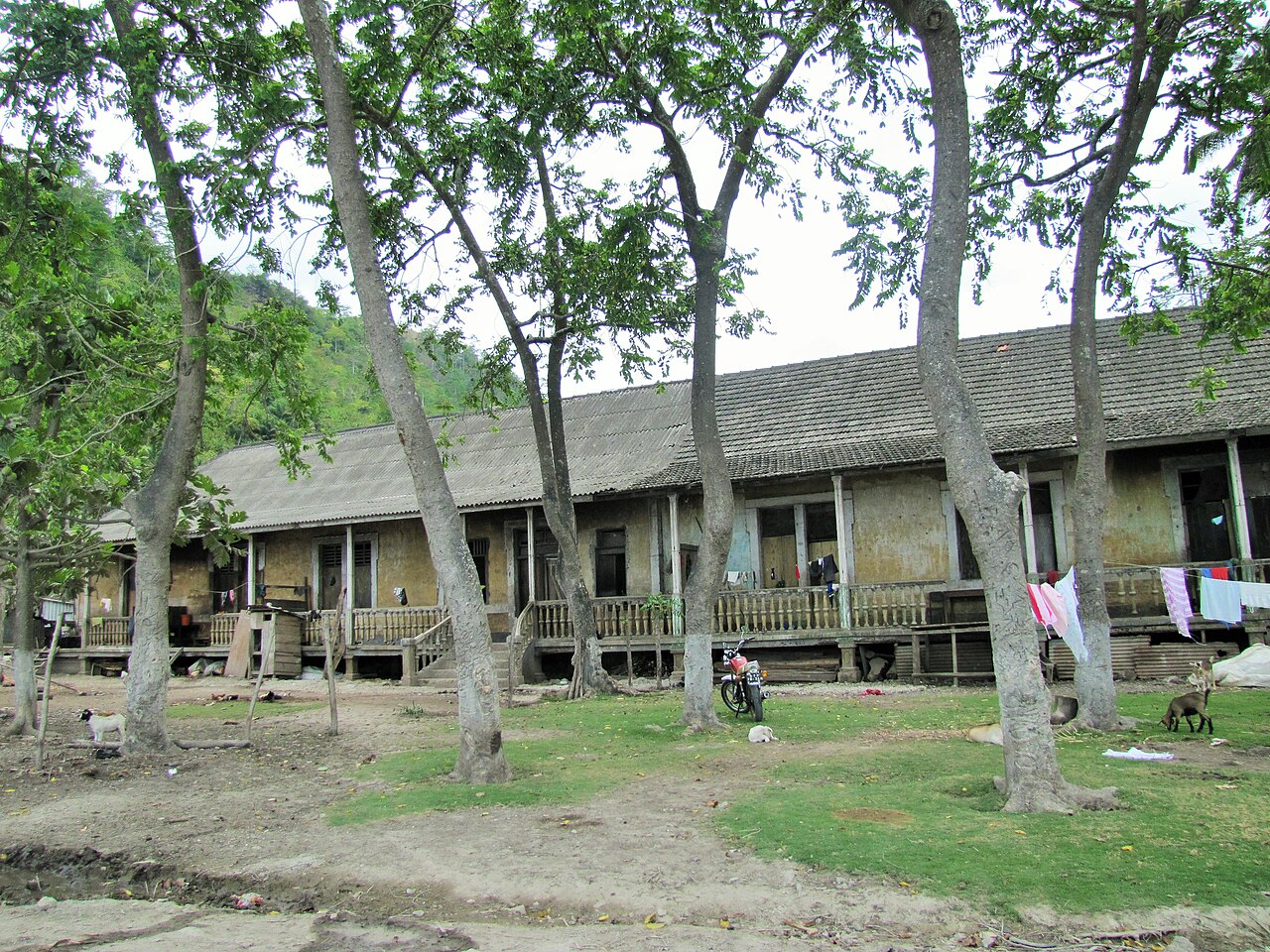 Long single-storey building with a wooden veranda, shaded by trees, with goats and laundry outside, in Neves, São Tomé