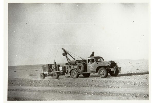 1951 archive photo of an Aramco truck in the Saudi desert