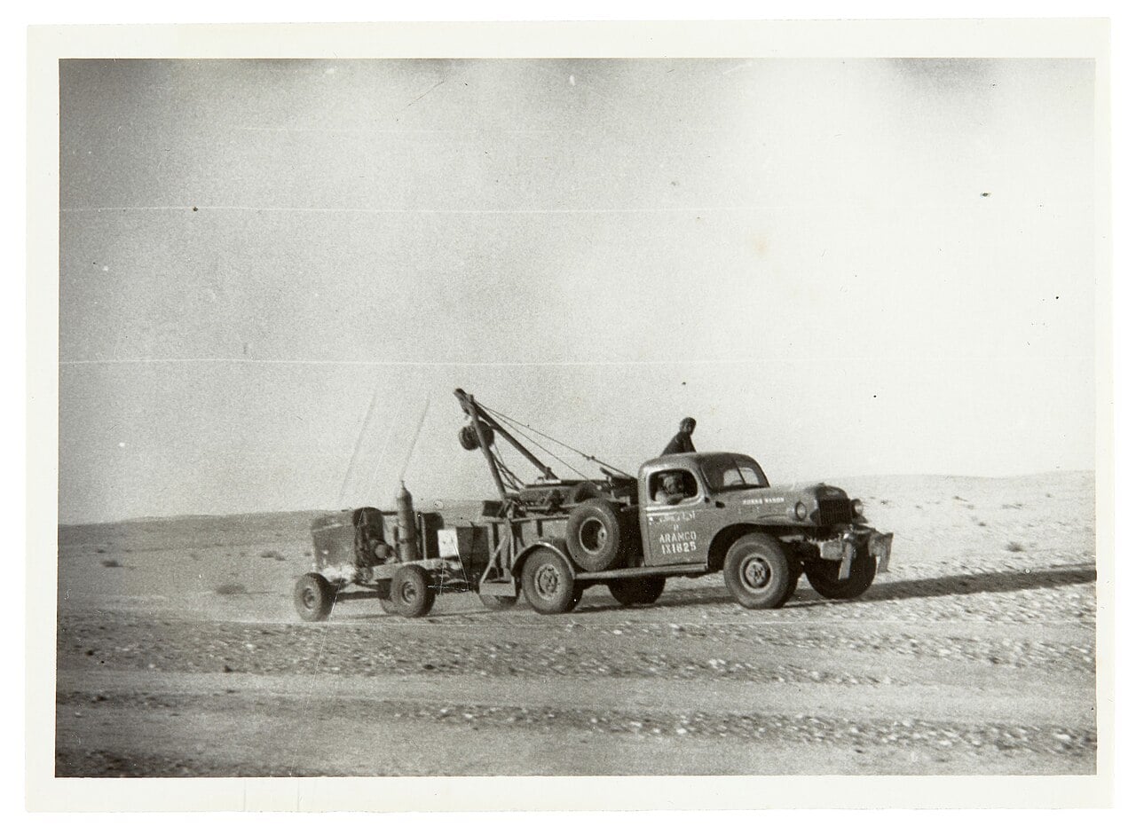 1951 archive photo of an Aramco truck in the Saudi desert