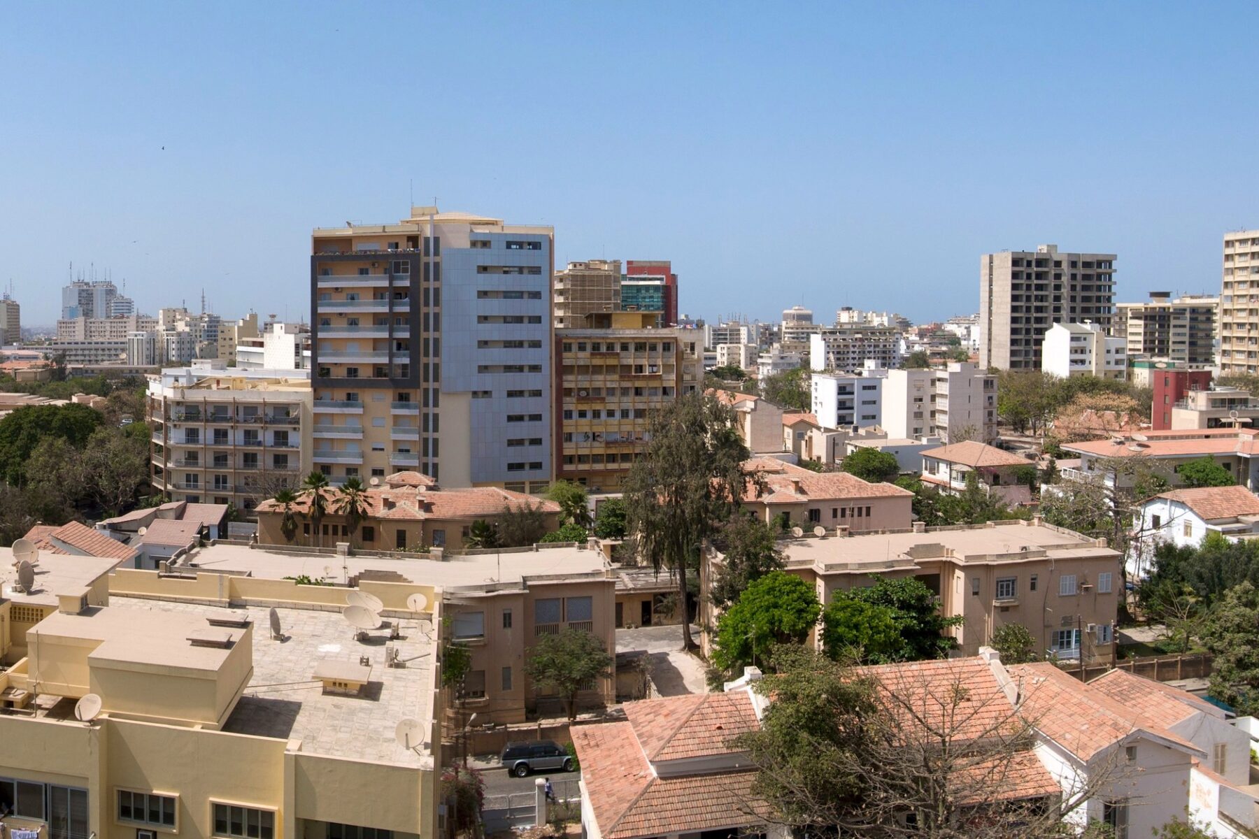 Apartment and office blocks under a clear sky in Dakar, the capital of Senegal