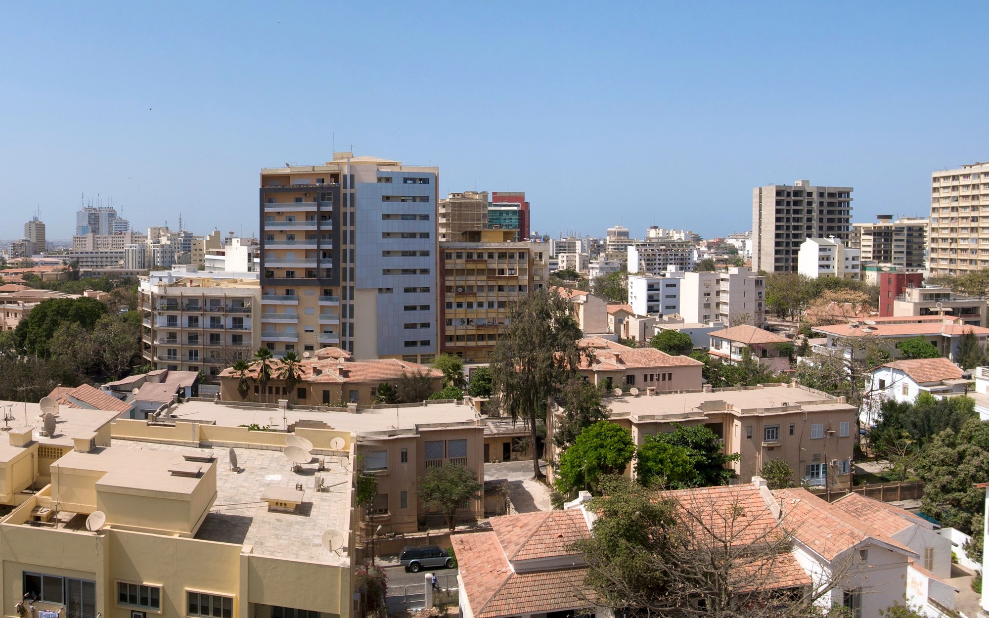 Apartment and office blocks under a clear sky in Dakar, the capital of Senegal