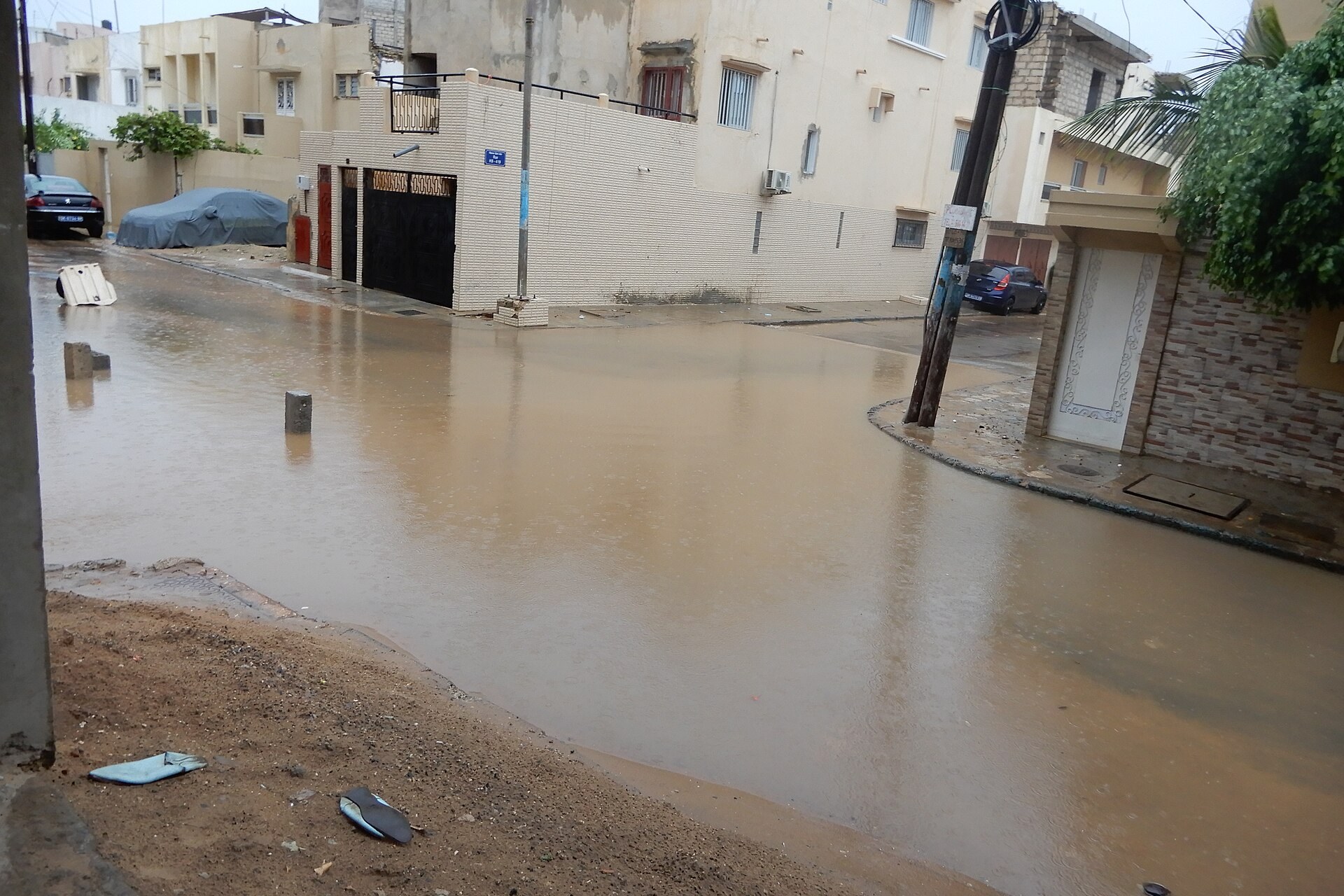 A flooded residential street in Hann Maristes, Dakar, Senegal, during the rainy season