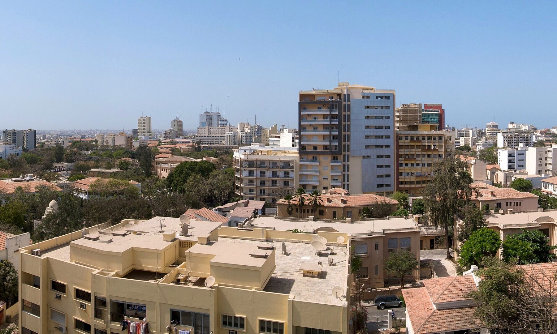View over the rooftops and office buildings of Dakar, Senegal, toward the Atlantic coast