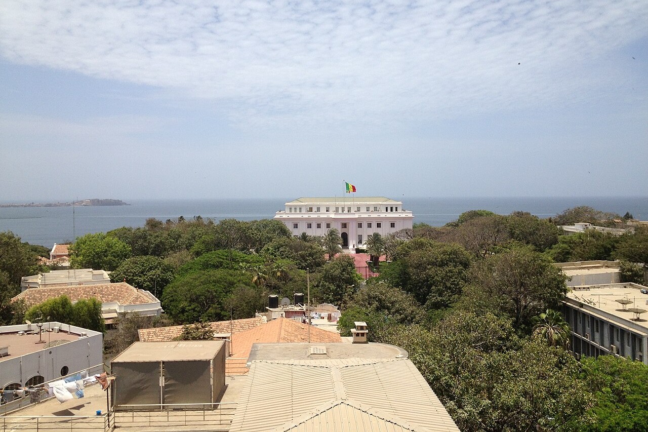 The Palais de la République, the presidential palace in Dakar, Senegal, with Gorée island on the horizon