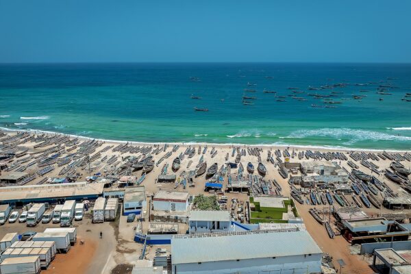Fishing pirogues on the beach at Kayar, Senegal, seen from above