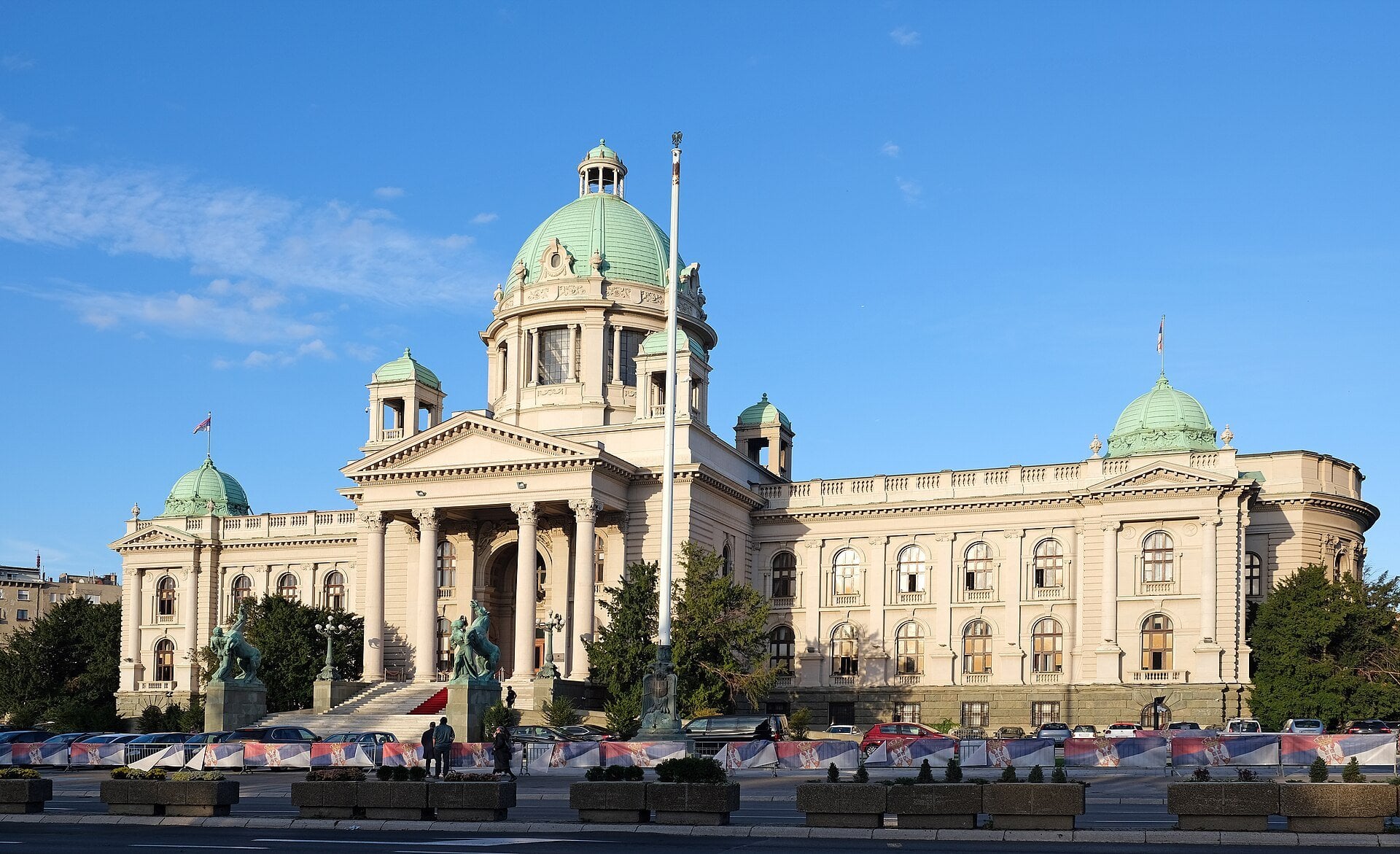 The House of the National Assembly of Serbia in Belgrade under a blue sky