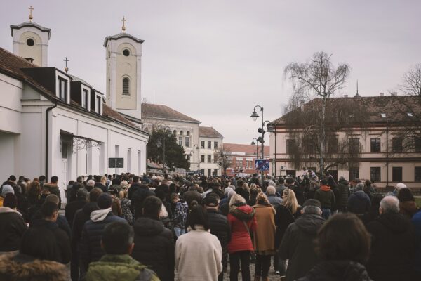 Crowd of people on a street in Čačak, Serbia, during a protest after the Novi Sad canopy collapse